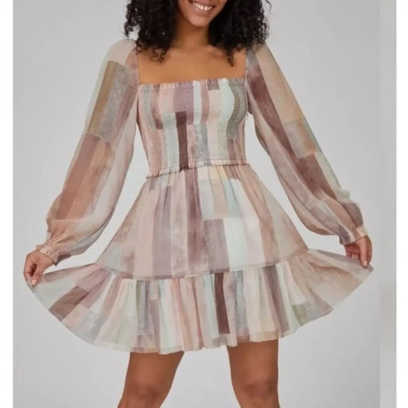 Aritzia Dresses & Skirts - Aritzia Wilfred Tempest Smocked Chiffon Mini Dress Heirloom Pink Sage Size  XS